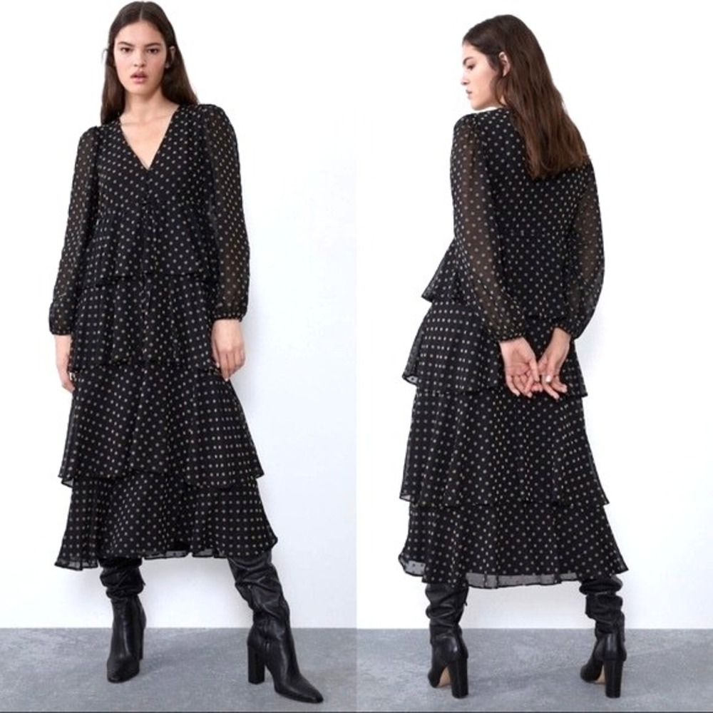 ZARA Womens Polka-Dot Tiered Maxi Dress Size S Black Bloggers Fav Feminine Flowy